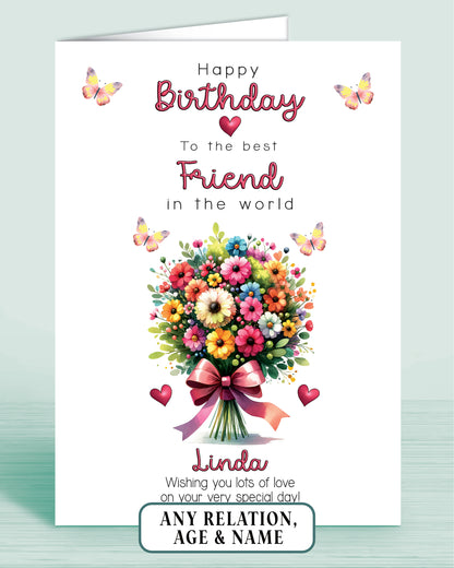 Friend Birthday Card, Floral Bouquet Personalised Birthday Card for Friend (approx 8x6 inches, inc envelope) - Oliver Rose Designs