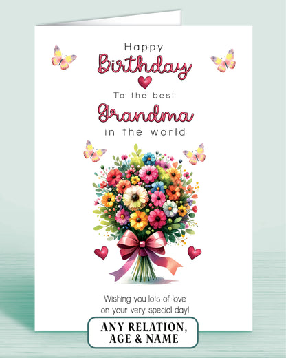 Grandma Birthday Card, Floral Bouquet Personalised Birthday Card for Grandma (approx 8x6 inches, inc envelope) - Oliver Rose Designs