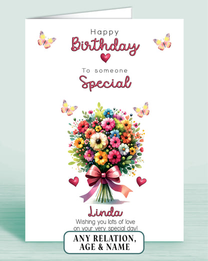 Someone Special Birthday Card, Floral Bouquet Personalised Birthday Card for Someone Special (approx 8x6 inches, inc envelope) - Oliver Rose Designs