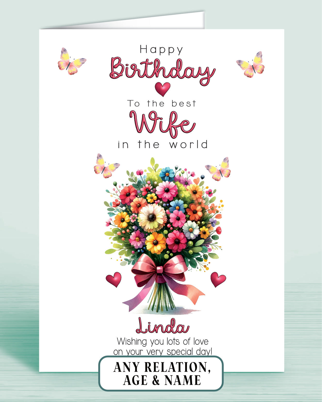 Wife Birthday Card, Floral Bouquet Personalised Birthday Card for Wife (approx 8x6 inches, inc envelope) - Oliver Rose Designs