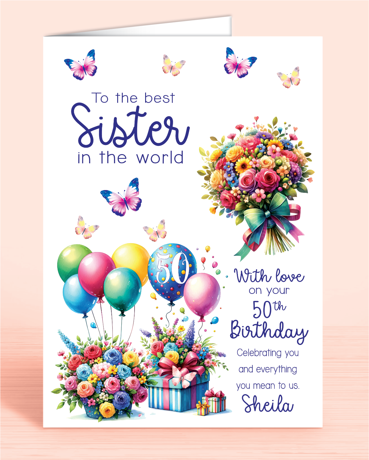 Sister Birthday Card, Floral Bright Personalised Birthday Card for Sister  (approx 8x6 inches, inc envelope) - Oliver Rose Designs