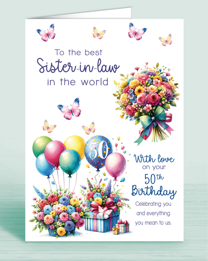 Sister-in-law Birthday Card, Floral Bright Personalised Birthday Card for Sister In Law (approx 8x6 inches, inc envelope) - Oliver Rose Designs