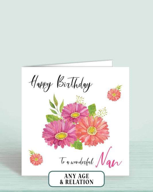 Nan Birthday Card, any age Personalised Birthday Card for Nannie, Floral Bouquet Birthday Card, Happy 80th Birthday | Oliver Rose Designs