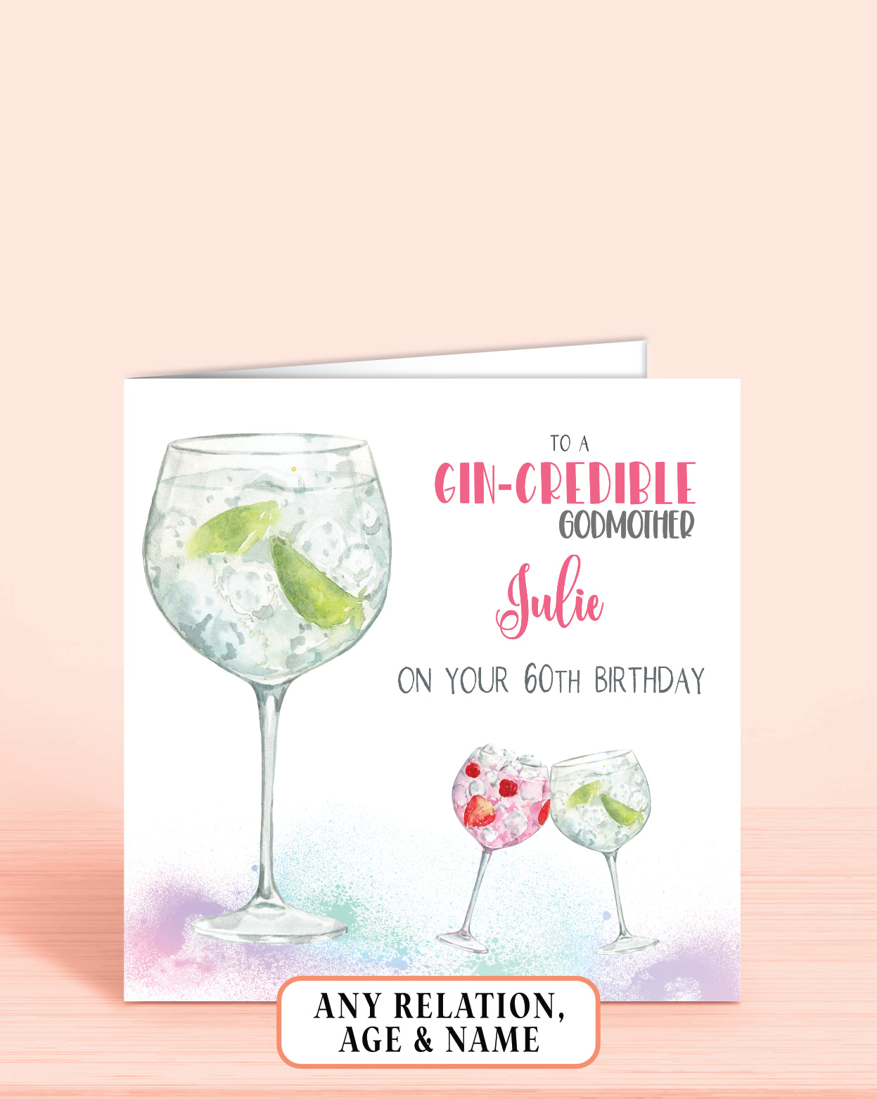 GodmotherBirthday Card, Personalised 60th Birthday Card for Godparent, Any Age, Any Relation, Green Gin Birthday Card | Oliver Rose Designs