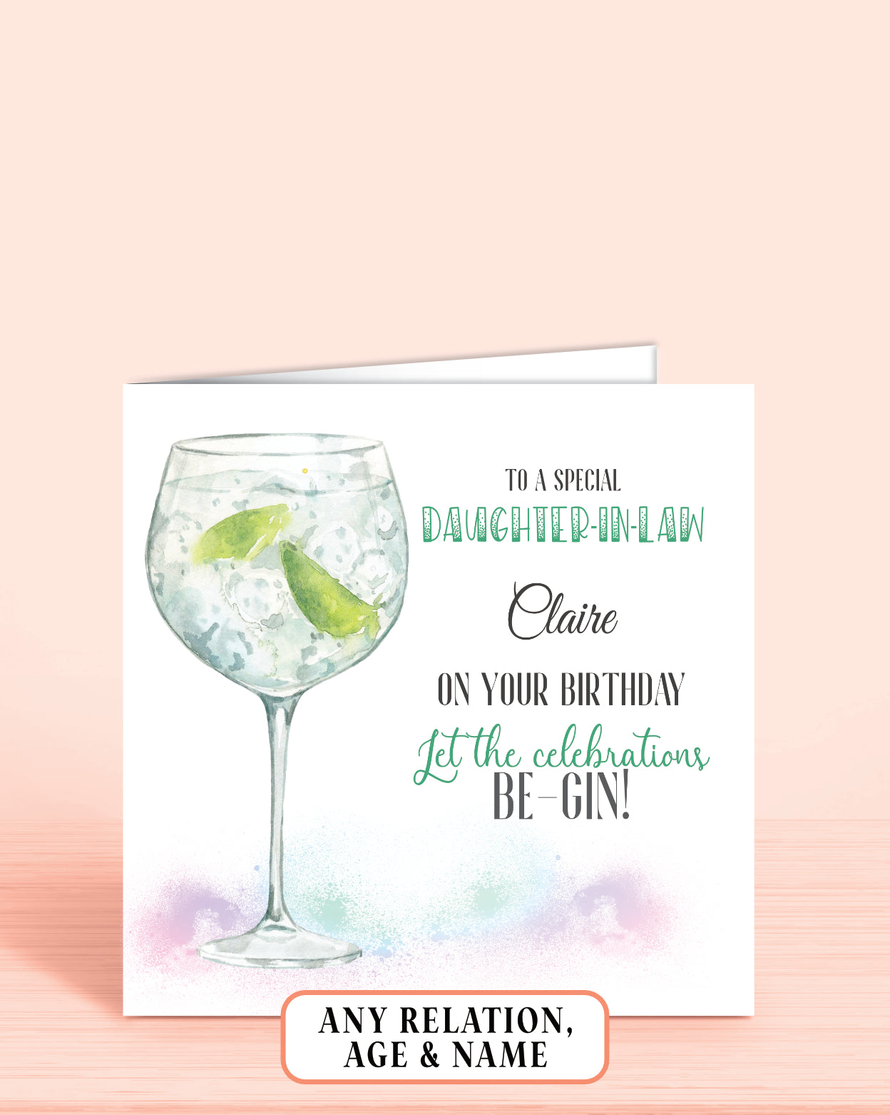 Daughter-in-law Birthday Card, Any Age, Any Relation Personalised Birthday Card, Green Gin Birthday Card | Oliver Rose Designs