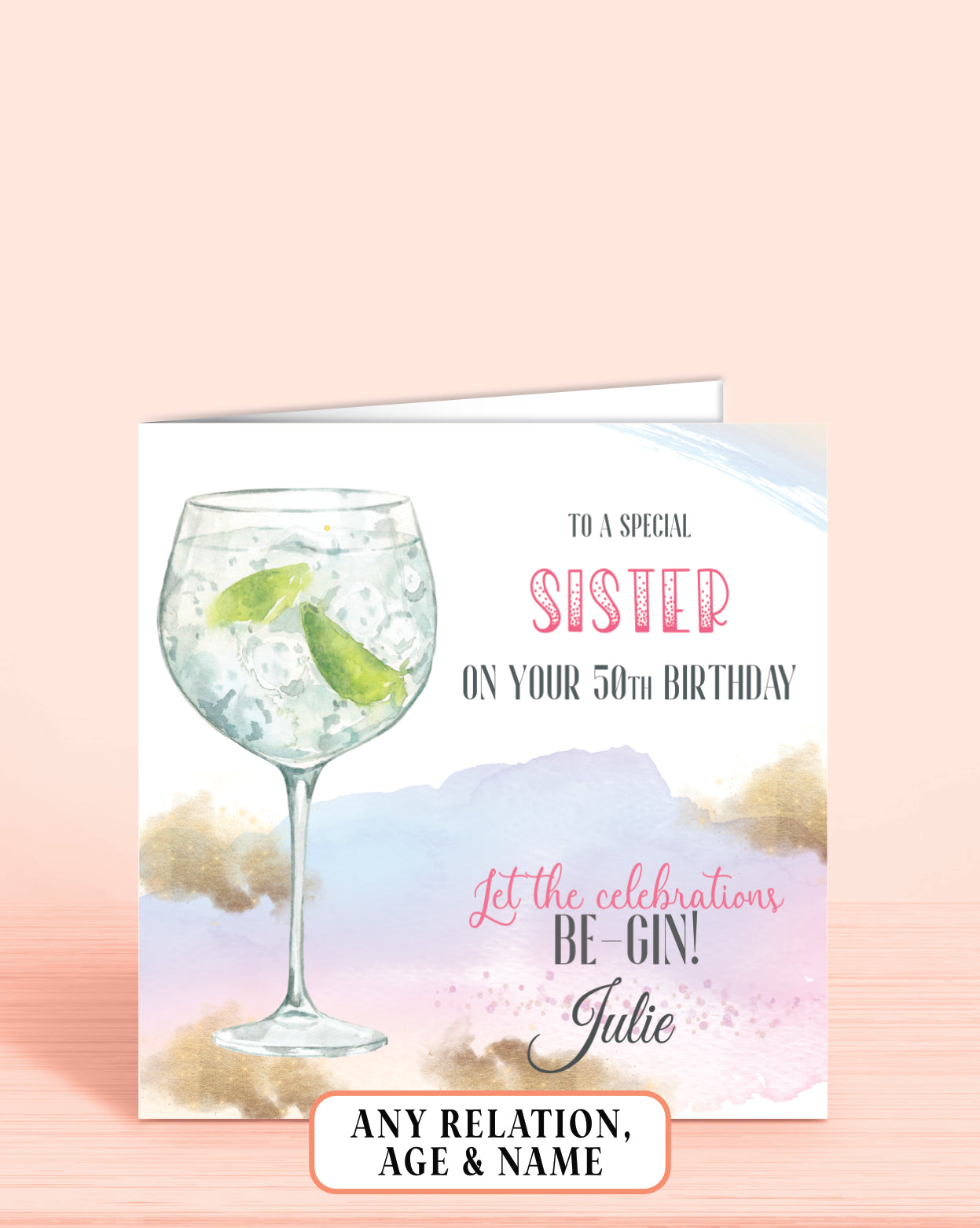 Sister Birthday Card, Any Age, Any Relation Personalised 50th Birthday Card, Green Gin Birthday Card | Oliver Rose Designs