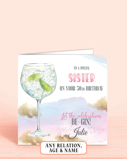 Sister Birthday Card, Any Age, Any Relation Personalised 50th Birthday Card, Green Gin Birthday Card | Oliver Rose Designs