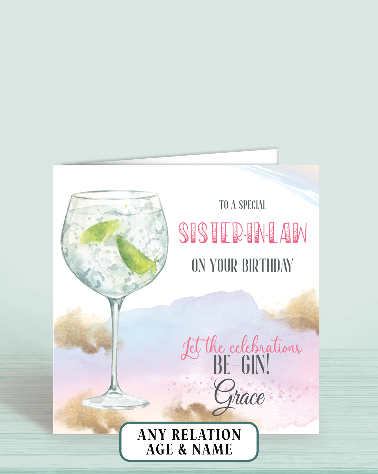 Sister-in-Law Birthday Card, Any Age, Any Relation Personalised Birthday Card, Green Gin Birthday Card | Oliver Rose Designs