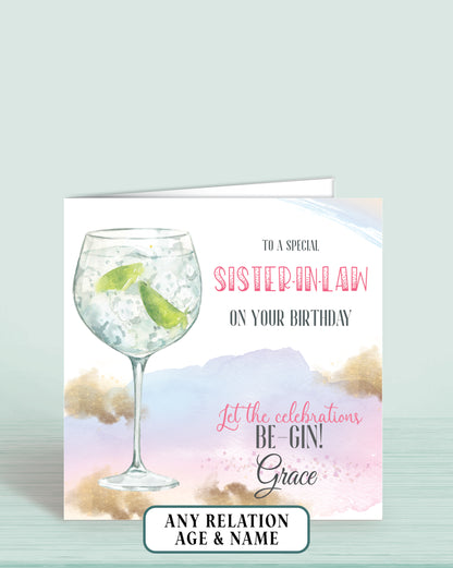 Sister-in-Law Birthday Card, Any Age, Any Relation Personalised Birthday Card, Green Gin Birthday Card | Oliver Rose Designs