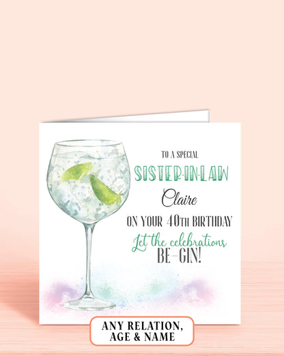 Sister-in-law Birthday Card, Any Age, Any Relation Personalised Birthday Card, Green Gin Birthday Card | Oliver Rose Designs