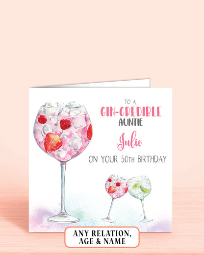 Auntie Birthday Card, Personalised Birthday Card for Aunt, 50th Birthday Card, Pink Gin Birthday Card (5.75" Square) - Gin-credible - Oliver Rose Designs