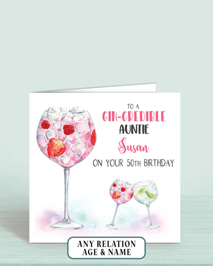 Auntie Birthday Card, Personalised Birthday Card for Aunt, 50th Birthday Card, Pink Gin Birthday Card (5.75" Square) - Gin-credible - Oliver Rose Designs