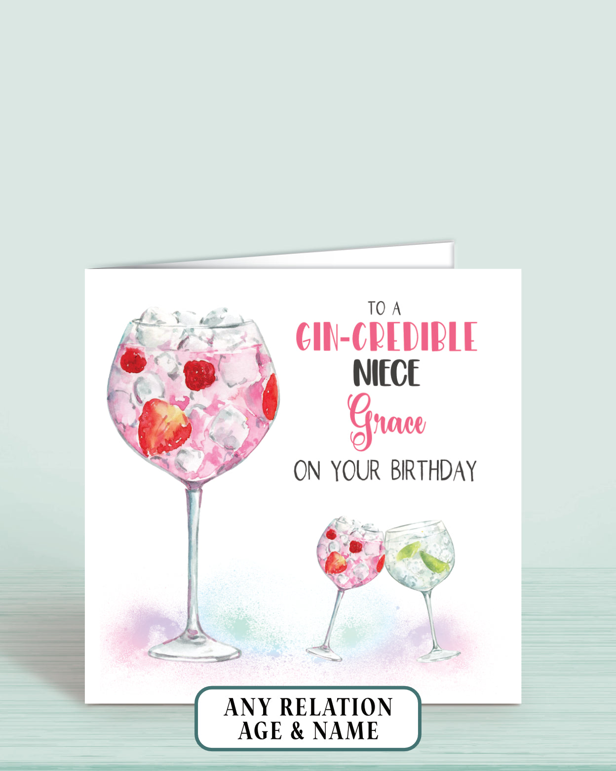 Niece Birthday Card, Personalised Birthday Card for Niece, Pink Gin Birthday Card (5.75" Square) - Gin-credible - Oliver Rose Designs