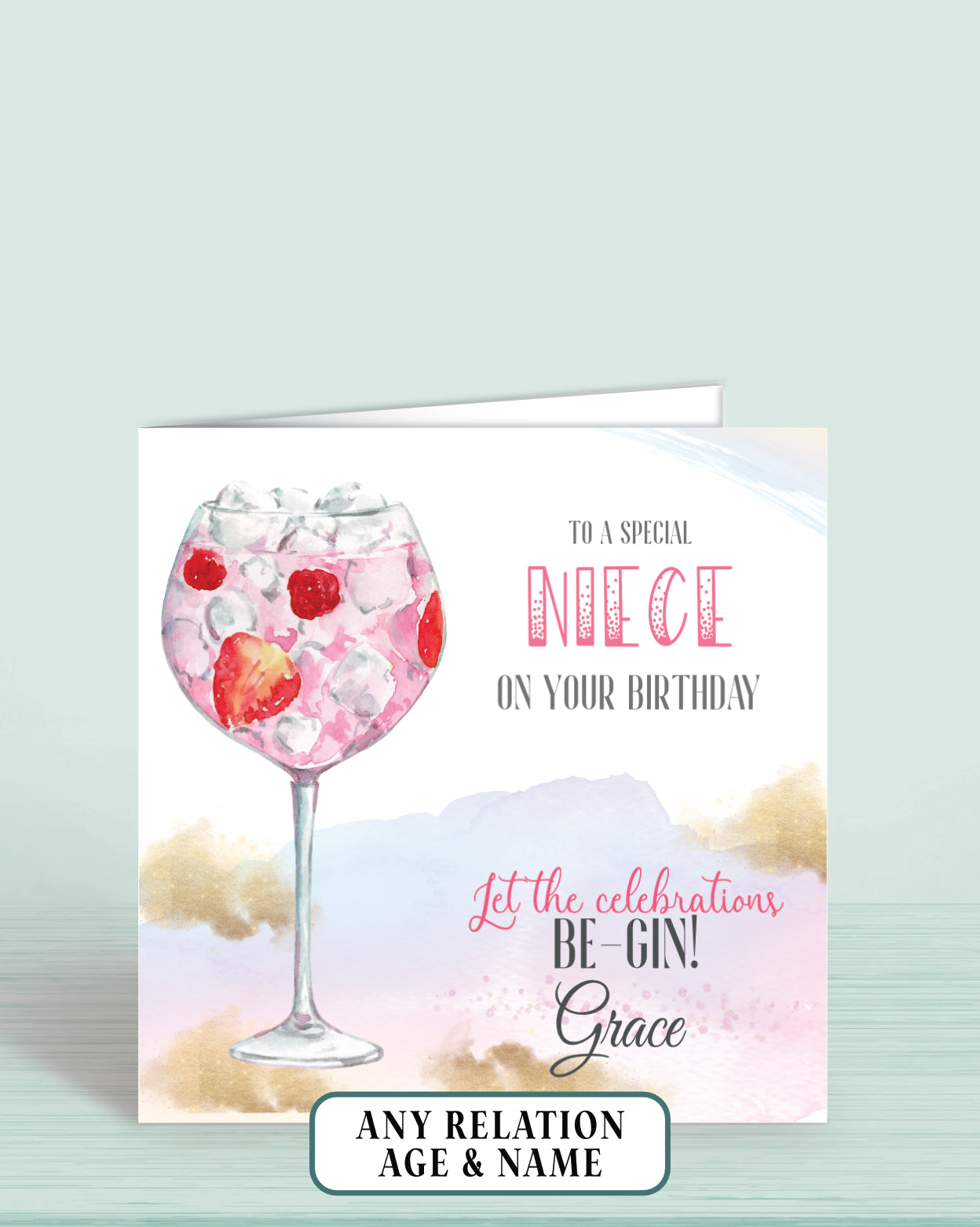 Niece Birthday Card, Great-Niece Birthday Card, Personalised Pink Gin Birthday Card (5.75" Square) - Let the Celebrations Be-Gin -|Oliver Rose Designs