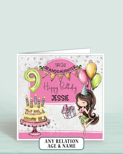Birthday card for a special granddaughter with balloons and cake illustration on a pink and grey background, dark brown haired girl