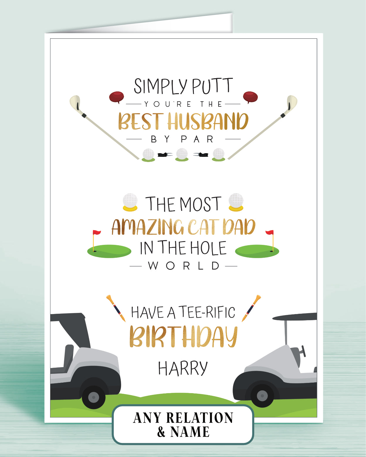 Golf Theme Birthday Card for Men, Him, Male Birthday Card. Best Husband & Amazing Cat Dad Personalised Birthday Card | Oliver Rose Designs