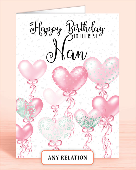 Nan Birthday Card, To the Best Grandma, Pink & Green Heart Balloons | Oliver Rose Designs