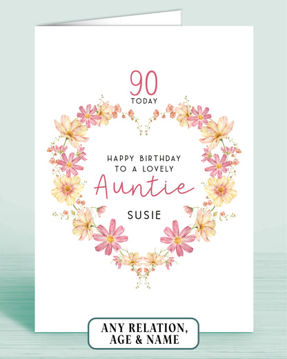 Personalised Pink and yellow floral wreath birthday card for a lovely auntie with floral design on a white background.