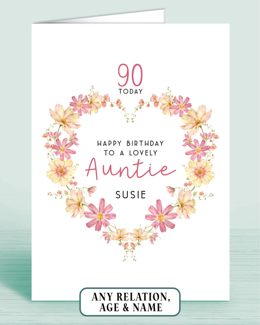 Personalised Pink and yellow floral wreath birthday card for a lovely auntie with floral design on a white background.