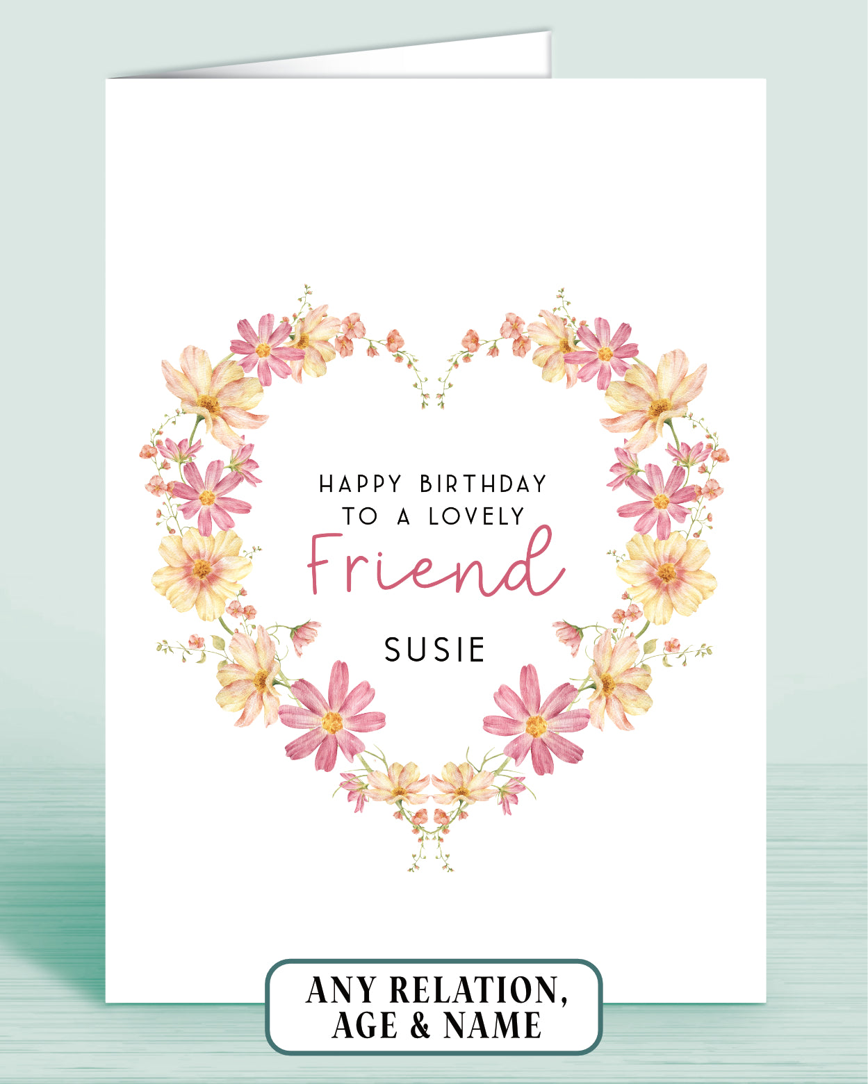 Personalised Birthday Card for Friend, Pink & Yellow Floral Wreath (8x6 inches)