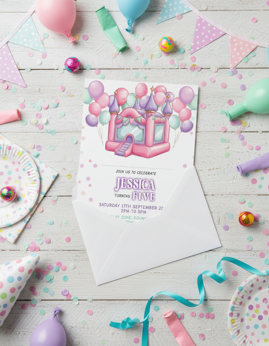 Bouncy Castle birthday party invitation for softplay themed birthday party with styled background for illustration purposes only.