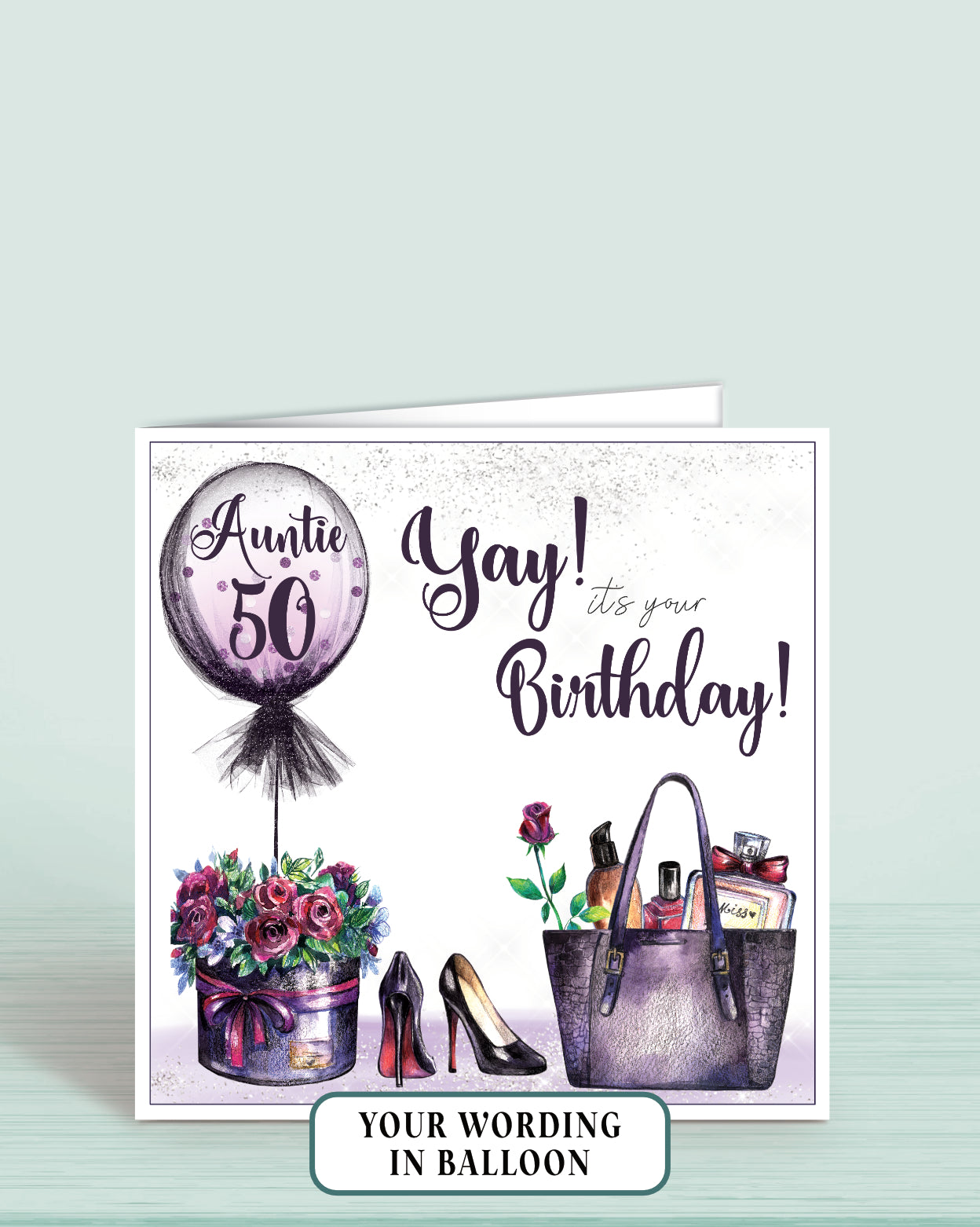 Auntie 50th Birthday card with balloons, flowers, high heels, and a handbag in shades of Purple 