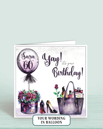 Personalised 60th Birthday card with balloons, flowers, high heels, and a handbag in shades of Purple 