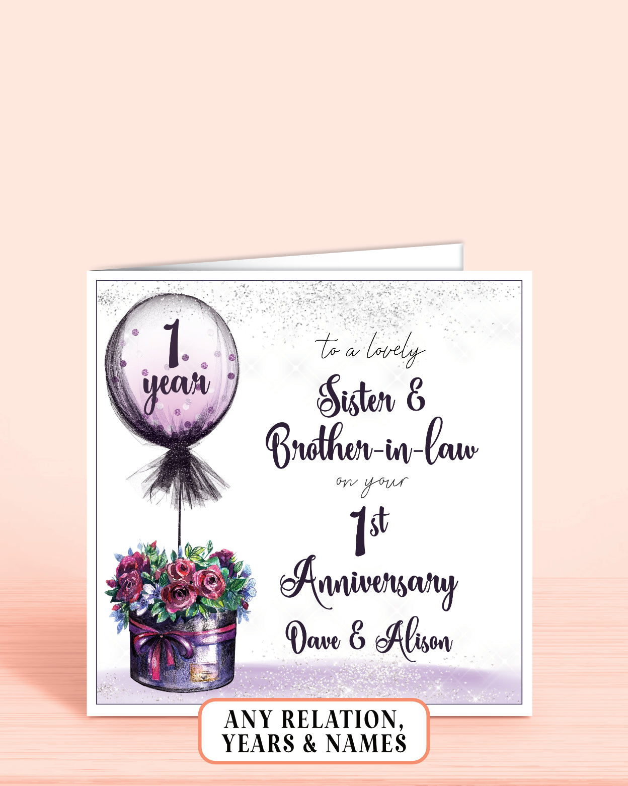 Sister & Brother in law 1st anniversary card (or any relation, any years married) Purple Floral Balloon Anniversary Card - Oliver Rose Designs