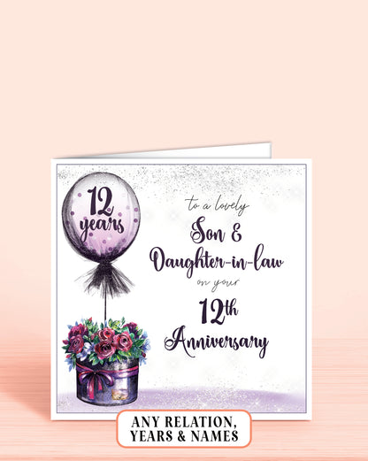 Son & Daughter in law 12th anniversary card (or any relation, any years married) Purple Floral Balloon Anniversary Card - Oliver Rose Designs