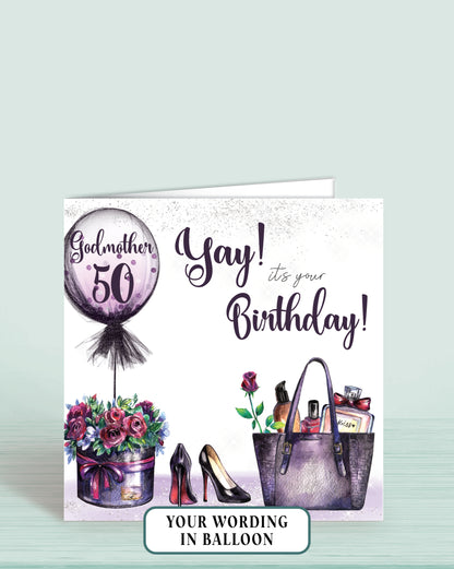 50th Birthday Card for Godmother, Any Age, Relation & Name, Personalised Purple Floral Balloon "Yay it's your Birthday' Card (5.75" Square) - Oliver Rose Designs