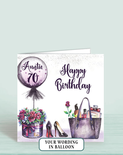 Auntie Birthday Card for Her, Personalised 70th Birthday Card, Purple Floral Balloon "Happy Birthday' Card (5.75" Square) - Oliver Rose Designs