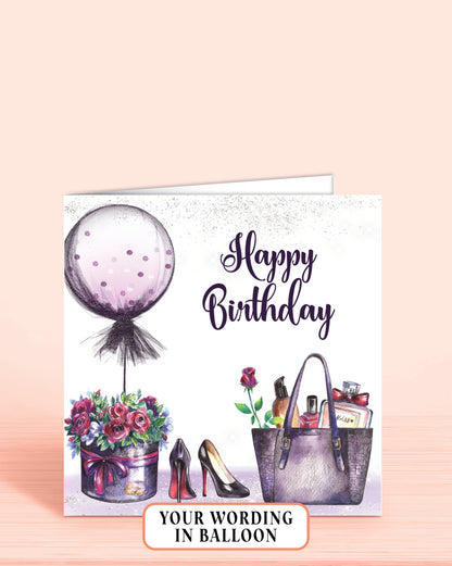 Female Birthday Card for Her, Add Your Own Wording to the Ballloon (maximum 2 words) Purple Floral Balloon "Happy Birthday' Card (5.75" Square) - Oliver Rose Designs