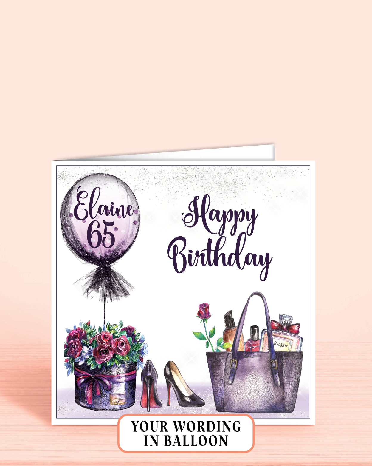 Personalised Birthday Card for Her, Personalised 65th Birthday Card, Purple Floral Balloon "Happy Birthday' Card (5.75" Square) - Oliver Rose Designs