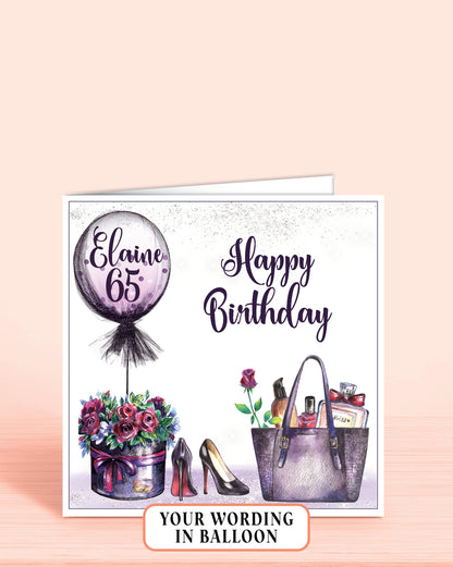 Personalised Birthday Card for Her, Personalised 65th Birthday Card, Purple Floral Balloon "Happy Birthday' Card (5.75" Square) - Oliver Rose Designs