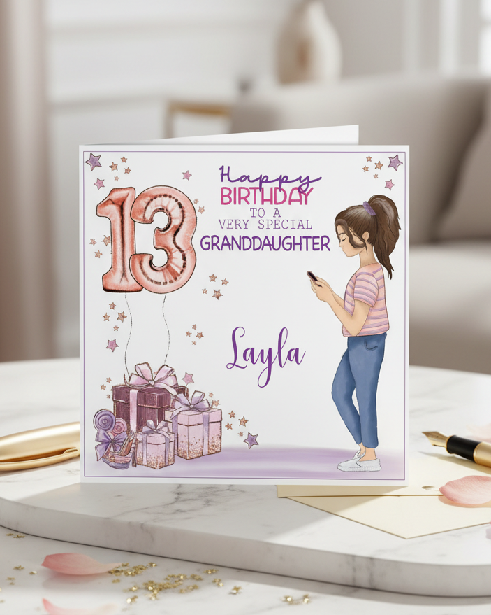 Lifestyle image of teen girl birthday card, age 13 granddaughter | Oliver Rose Designs