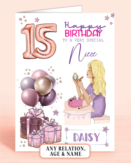 Personalised Niece Birthday Card, 15th Birthday Card for Girls, Makeup Girl BLONDE HAIR | Oliver Rose Designs