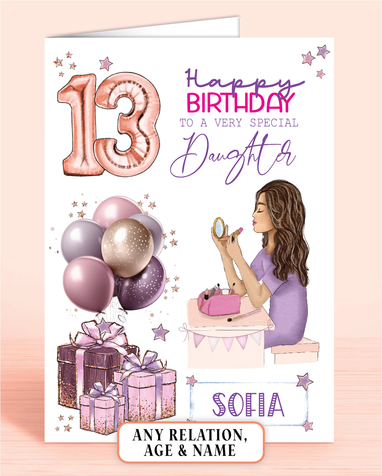 Personalised Daughter Birthday Card, 13th Birthday Card for Girls, Makeup Girl BROWN HAIR | Oliver Rose Designs
