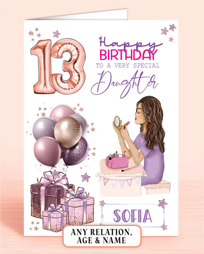 Personalised Daughter Birthday Card, 13th Birthday Card for Girls, Makeup Girl BROWN HAIR | Oliver Rose Designs