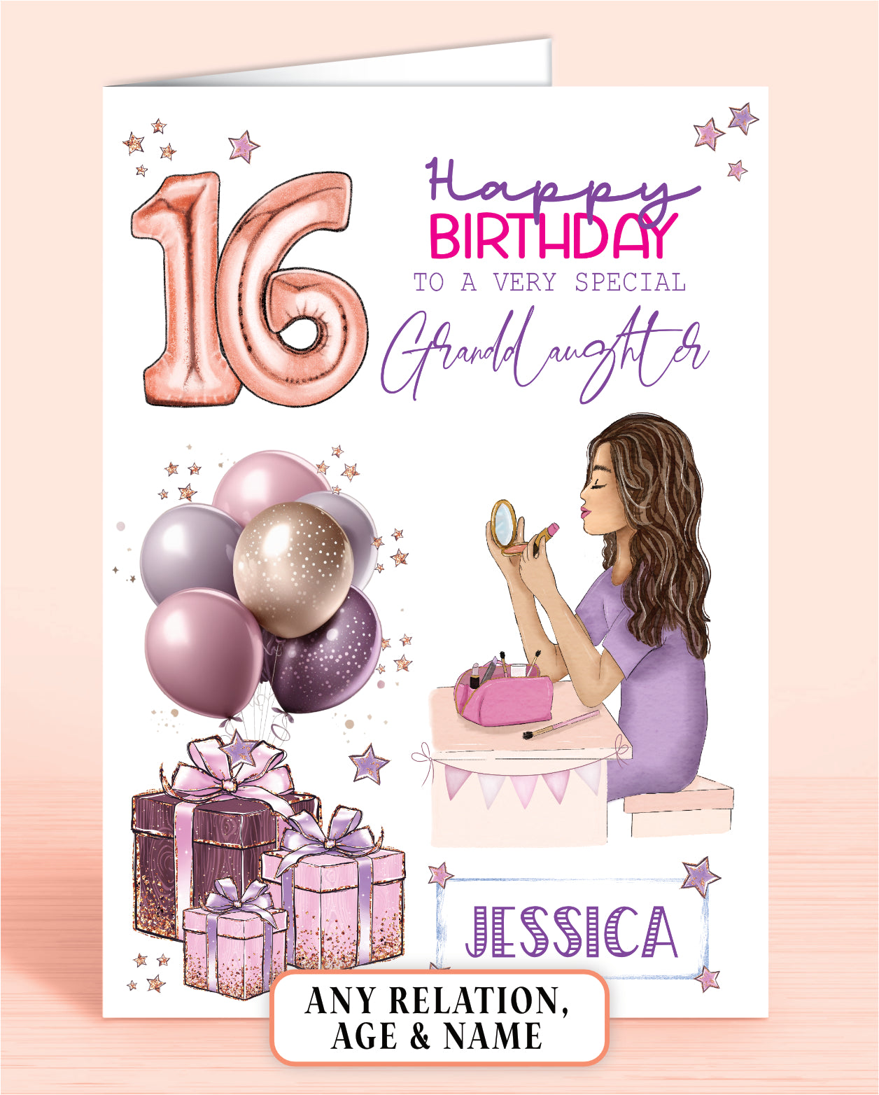 Personalised Granddaughter Birthday Card, 16th Birthday Card for Girls, Makeup Girl BROWN HAIR | Oliver Rose Designs