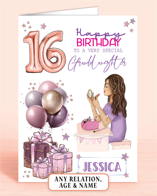 Personalised Granddaughter Birthday Card, 16th Birthday Card for Girls, Makeup Girl BROWN HAIR | Oliver Rose Designs