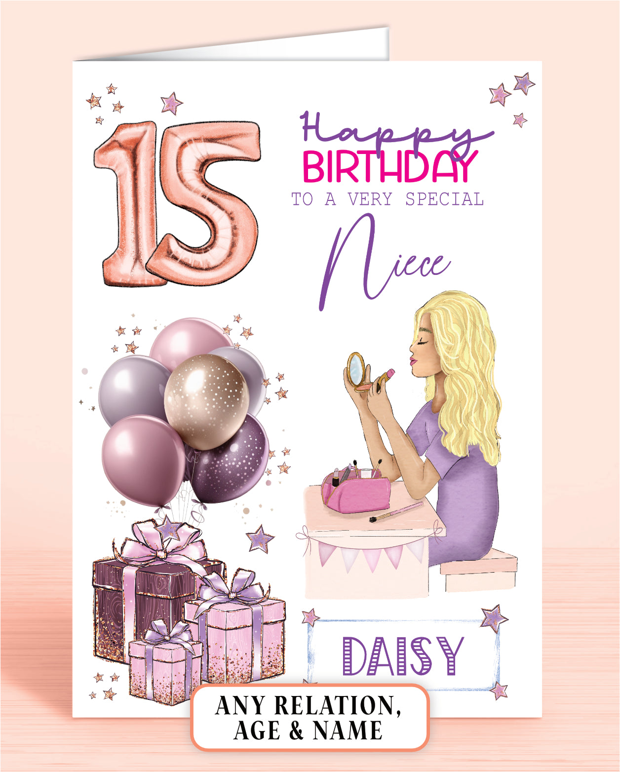 Personalised Niece Birthday Card, 15th Birthday Card for Girls, Makeup Girl BLONDE HAIR | Oliver Rose Designs