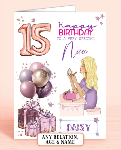 Personalised Niece Birthday Card, 15th Birthday Card for Girls, Makeup Girl BLONDE HAIR | Oliver Rose Designs