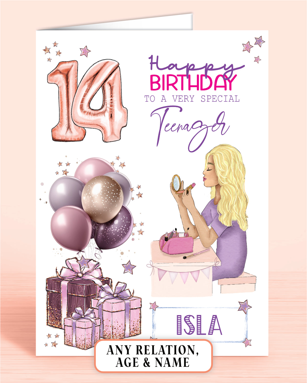 Personalised Teenager Birthday Card, 14th Birthday Card for Girls, Makeup Girl BLONDE HAIR | Oliver Rose Designs
