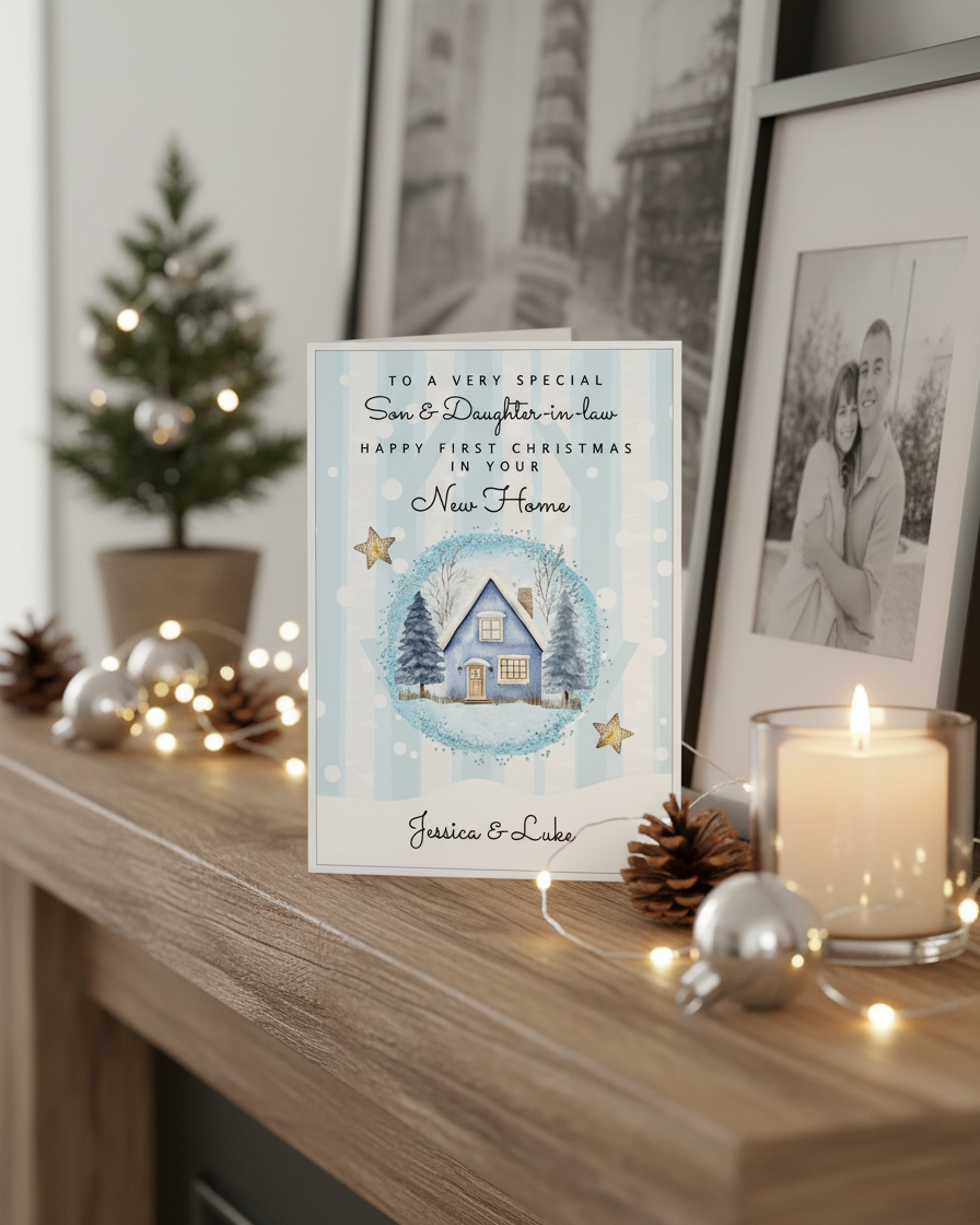Mantelpiece lifestyle image of Son & Daughter-in-law happy first christmas in your new home card, personalised with names if required.