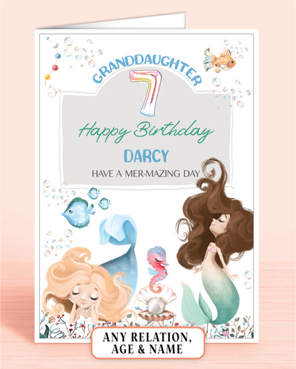 Granddaughter Birthday Card, Personalised 7th Birthday Card for Girls, any age or relation, Mermaid, Sea Horse & Fish Design| Oliver Rose Designs