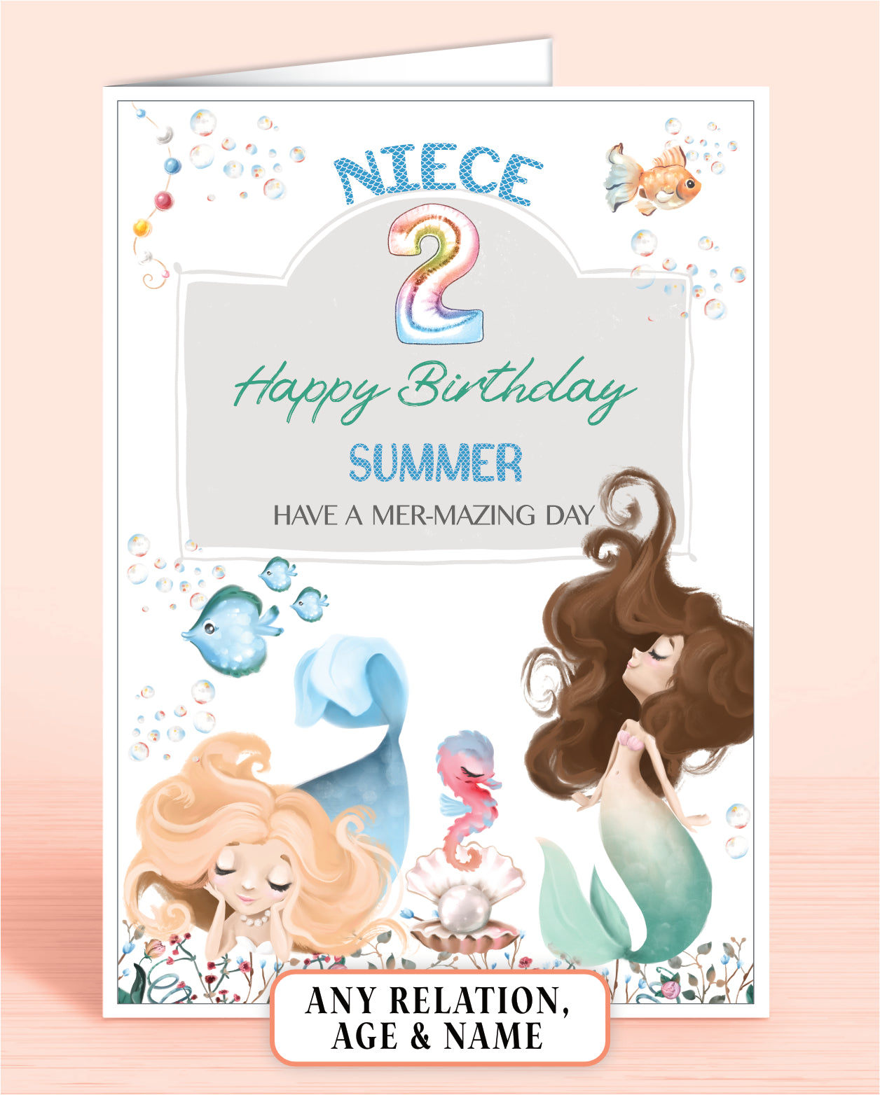 Niece Birthday Card, Personalised 2nd Birthday Card for Girls, any age or relation, Mermaid, Sea Horse & Fish Design| Oliver Rose Designs