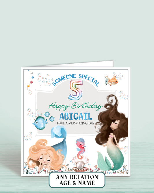 Mermaid Birthday card for someone special, personalised girls birthday card mermaid theme. Oliver Rose Designs UK