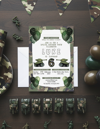 Army Tank birthday party invitation for Military themed birthday party with styled background for illustration purposes only.