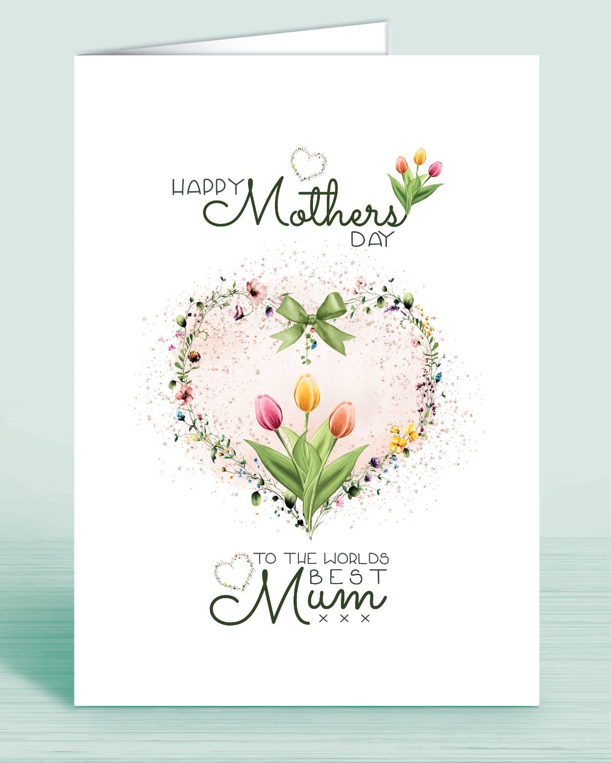 A Mother's Day card with a green tulip floral design and a message that reads 'Happy Mothers Day to the worlds best Mum | Oliver Rose Designs