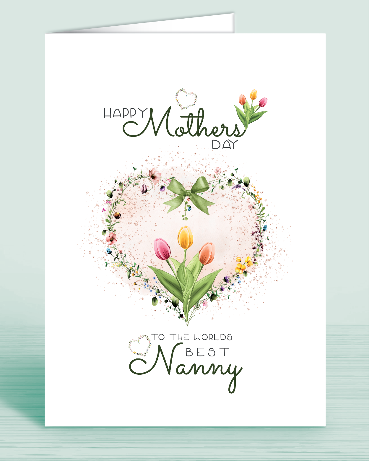 A Mother's Day card with a green tulip floral design and a message that reads 'Happy Mothers Day to the worlds best Nanny | Oliver Rose Designs
